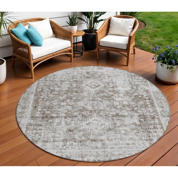 Homeroots 8' Chocolate Round Oriental Washable Indoor Outdoor Area Rug 607598 - main