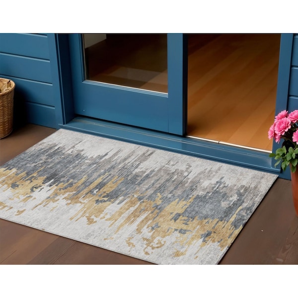 Homeroots 3' X 5' Ivory Charcoal And Silver Abstract Washable Indoor Outdoor Area Rug 582392 - main