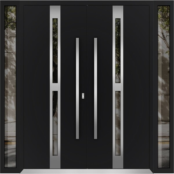 Vdomdoors Metal Double Doors Deux 1755 Black Enamel Opaque Black Glass 2 Sidelights Entry Modern Painted 96x8 DEUX1755DEXD-BLK-W12+72+12xH80-RH-O - main