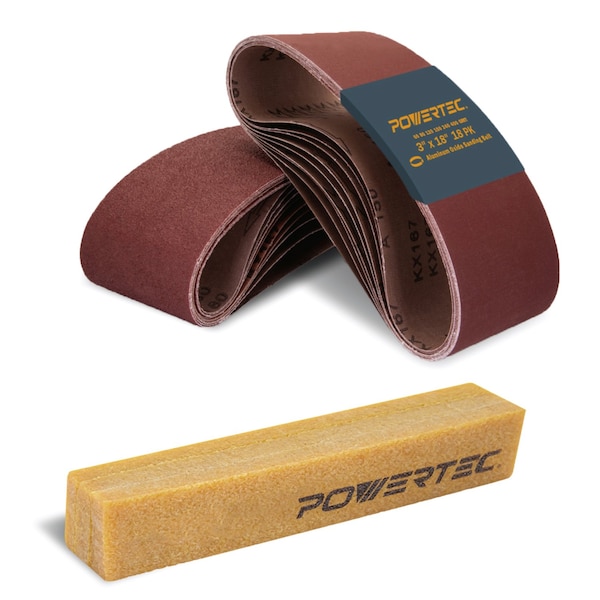 Powertec Sanding Belt Assortment, 3in W, 18in L, 3EA of 60/80/120/150/240/400 Grit & Abrasive Cleaning Stick 110809N - main
