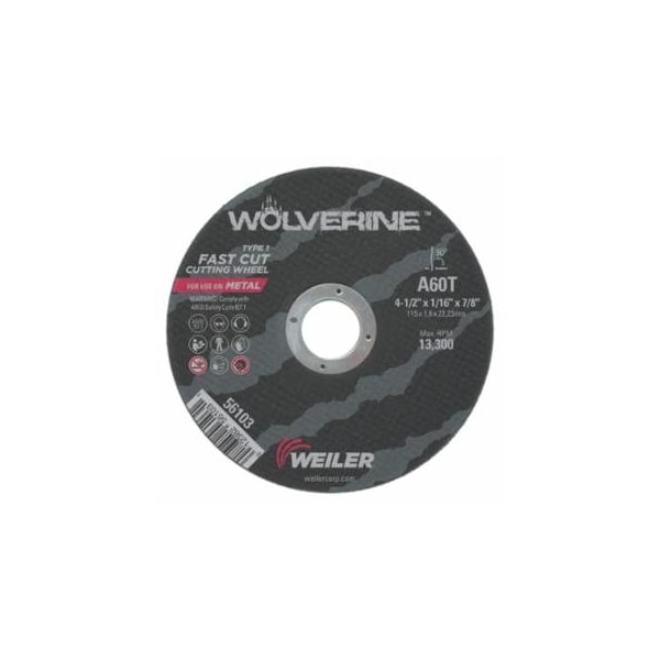 Weiler Wolverine Cut-Off Wheel, Type 1, AO, 5 in dia x 7/8 in AH x 1/16 in Thick, 36T, 25 EA/CT, 25PK 804-56118 - main