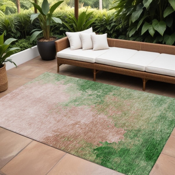 Homeroots 9' X 12' Pink And Green Abstract Washable Indoor Outdoor Area Rug 604819 - main