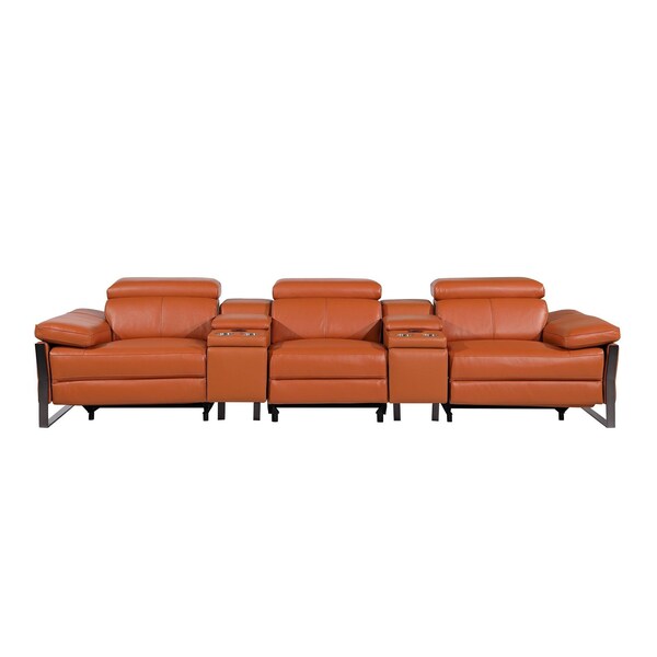 Homeroots 129" Camel Top Grain Leather Reclining Metal USB Sofa 720346 - main