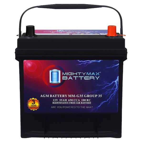 Mighty Max Battery MM-G35 Start and Stop Car BCI Group Size 35 12V 55Ah, 100RC, 650 CCA Rechargeable AGM Car battery MAX3926707 - main