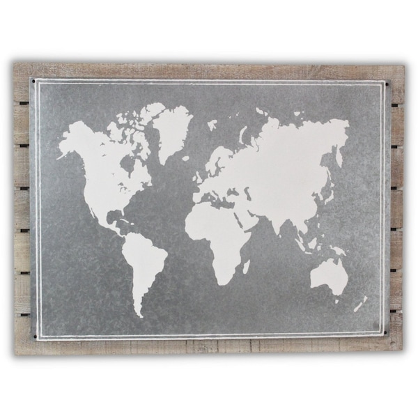 Homeroots 25" X 34" Brown and Gray Wood and Metal World Map Hanging Dimensional Sculpture 483379 - main