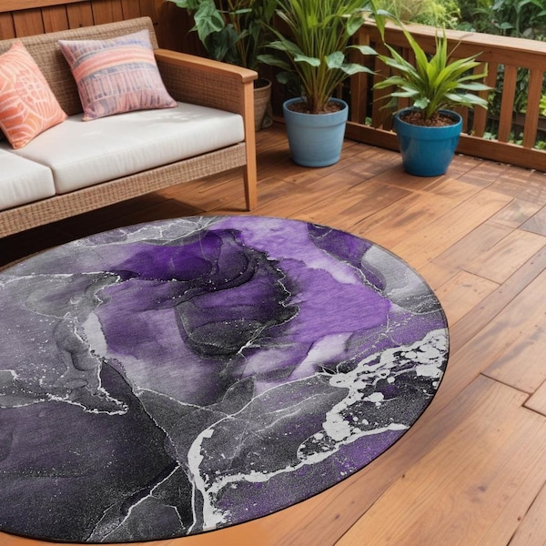 Homeroots 8' Round Gray and Purple Round Abstract Washable Non Skid Indoor Outdoor Area Rug 559474 - main