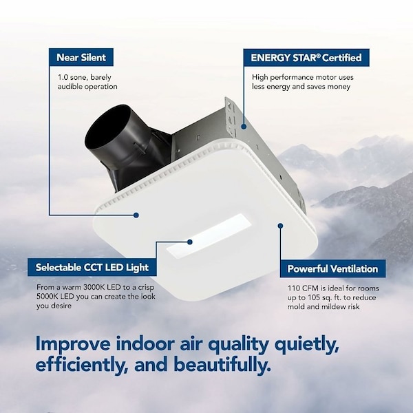 Broan-Nutone Roomside Exhaust Fan with Light, 0.45 A, 120 V, 110 cfm Air, 1 sones, LED Lamp, 4 in Duct, White AER110CCTK - main