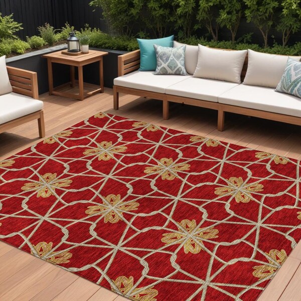 Homeroots 8' X 10' Orange And Gold Geometric Washable Indoor Outdoor Area Rug 613449 - main