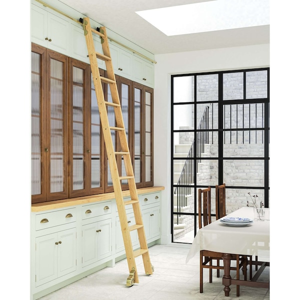 Quiet Glide 9.92 ft. White Oak Sunburst Wheel Brushed Satin Brass Rolling Hook Removable Ladder, 12 ft. Rail QG.510-10WO-12-H.06B - main