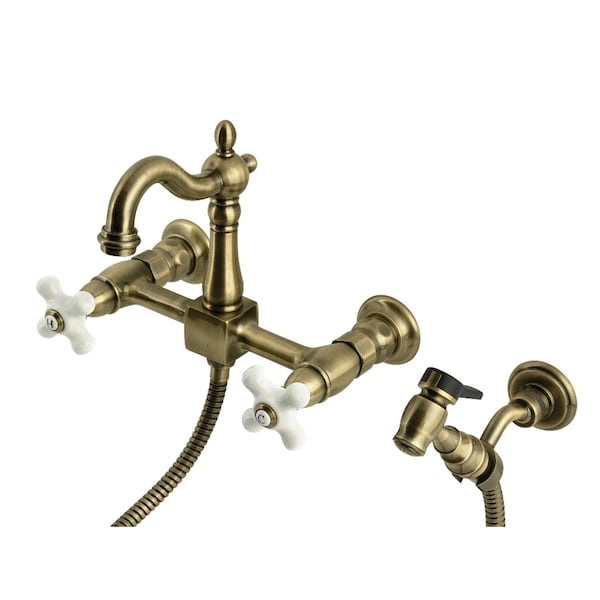 Kingston Brass Two-Handle Wall Mount Bridge Kitchen Faucet with Brass Sprayer, Antique Brass KS2443PXBS - main