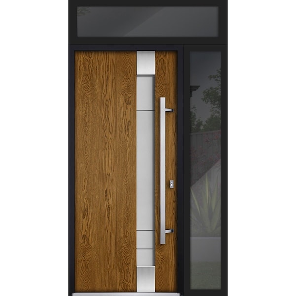 Vdomdoors Steel Door Deux 1713 Natural Oak Sidelight and Transom Black Window Stainless Inserts Single Modern DEUX1713EXD-OAKB-W36+16 x H80+16-Left-hand Inswing - main