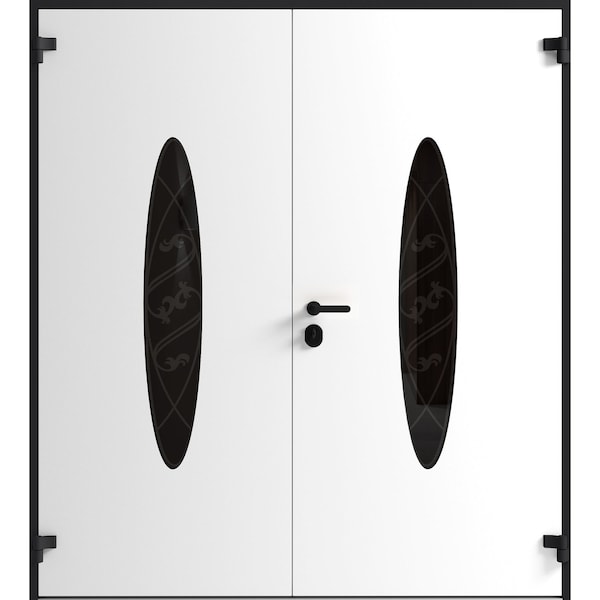 Vdomdoors Front Exterior Prehung Aluminum Double Doors Ronex1277 Black Enamel Mirrored Clear Glass Entry RONEX1277DEXD-BLK-W72xH80-RH-I - main