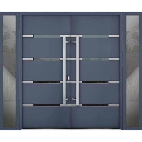 Vdomdoors Steel Double Doors Deux 1105 Gray Graphite 2 Sidelight Exterior Windows Stainless Inserts Single Mo DEUX1105DEXD-GRE-RH-W14+72+14 x H80 - main