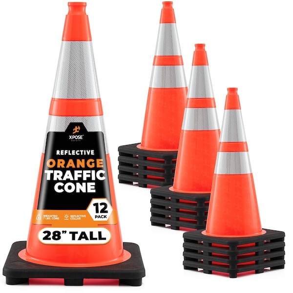 Xpose Safety Traffic Safety Cone, 28 in, PVC, Dual 6 in & 4 in Reflective Collar, DOT Approved, Orange, 12 pk OTC28-64-12-X - main