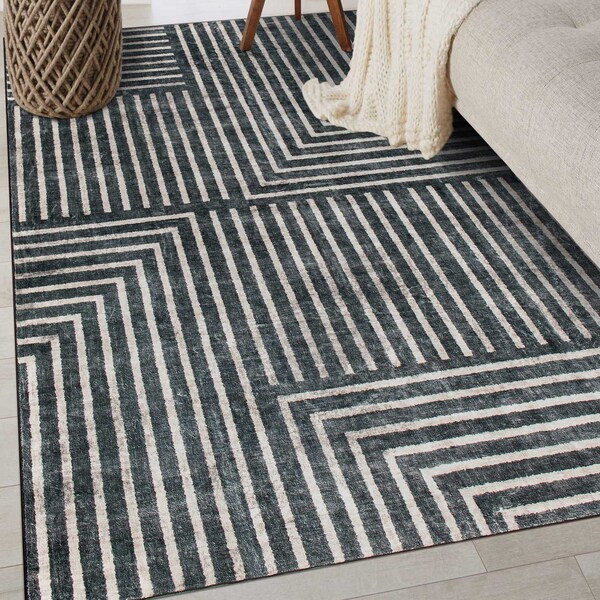 World Rug Gallery Distressed Bohemian Stripes Washable Non Slip Area Rug 3 ft x 5 ft Anthracite WR76ANTHRACITE3X5 - main
