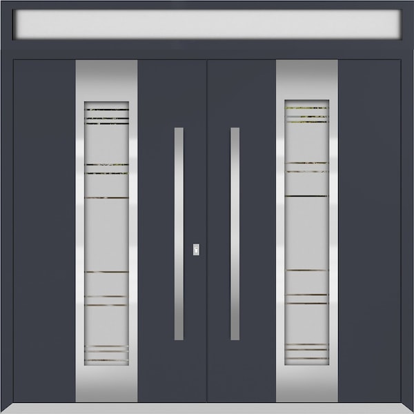 Vdomdoors Metal Double Doors Deux 1717 Gray Graphite Frosted Glass Top Transom Entry Modern Painted (W72xH96+ DEUX1717DEXD-GRE-W72xH96+16-RH-O - main