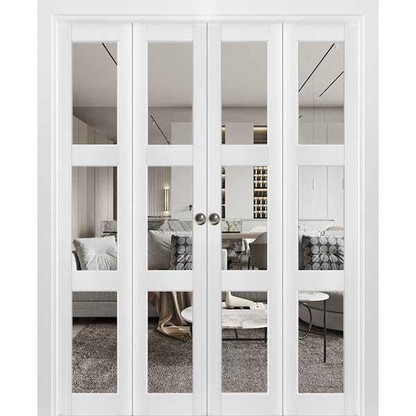 Sartodoors Sliding Closet Double Bi-fold Doors, Lucia 2555 White Silk with Clear Glass, Sturdy Tracks Molding LUCIA2555DBF-WS-96 x 96 (4* 24x96) - main