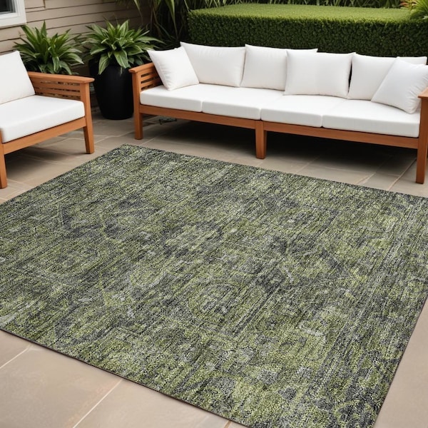 Homeroots 10' X 14' Moss Green and Gray Oriental Washable Non Skid Indoor Outdoor Area Rug 563816 - main