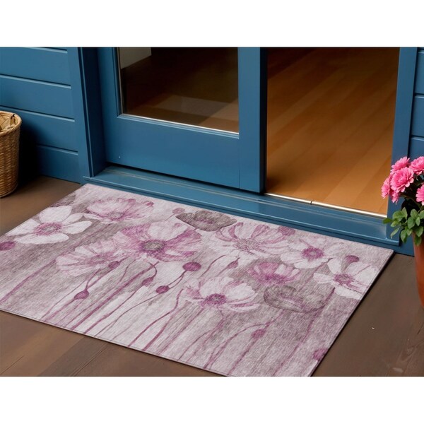 Homeroots 3' X 5' Plum Mauve And Pink Floral Washable Indoor Outdoor Area Rug 582758 - main