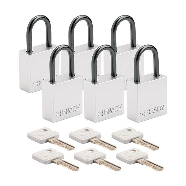 Brady Lockout Padlock, Keyed Alike, Aluminum, Silver, 1 in Shackle Height, 1 1/4 in Body Width, 6 PK CPAL-WHT-25AL-KA6 - main