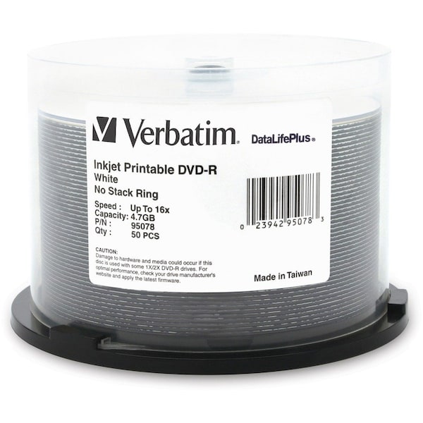 Verbatim DVD-R 4.7GB 16X DataLifePlus White Inkjet Printable - 50pk Spindle - 4.7GB - 50pk Spindle 95078 - main