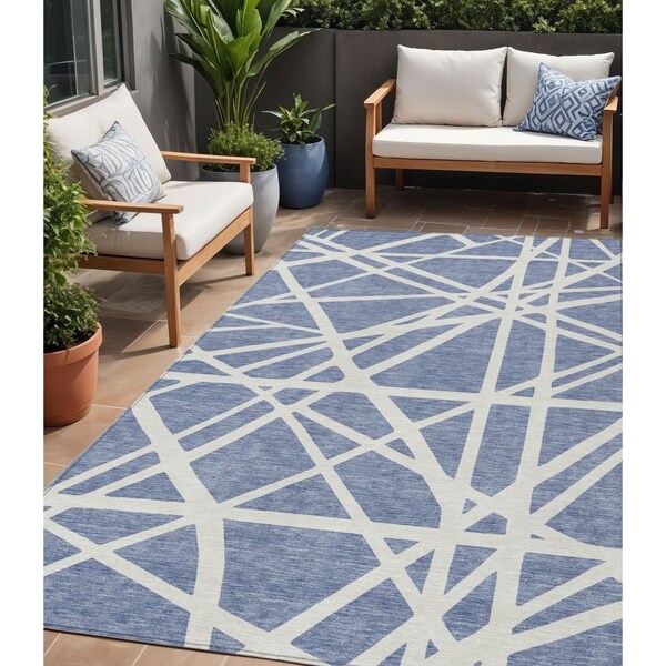Homeroots 5' X 8' Denim Blue And Ivory Geometric Washable Indoor Outdoor Area Rug 600439 - main