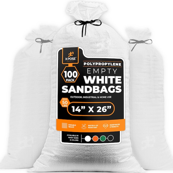 Xpose Safety Woven Poly Sand Bags for Flooding, 14 x 26, 50 lb WL, Empty, White, Pack of 100, 100PK SBW-1426-100-X-S - main