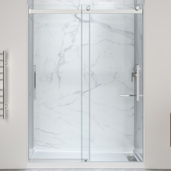 Anzzi 76'' x 57-60'' Sliding Frameless Shower Door in Polished Chrome with Alcove Right Drain Shower Base SD-5902302R-CH - main