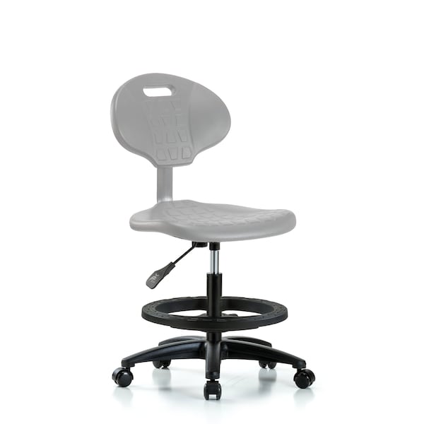 Blue Ridge Ergonomics Erie Polyurethane Chair - Medium Bench Height with Black Foot Ring & Casters in Gray Polyurethane TPMBCH-RG-A0-BF-RC-GRY - main