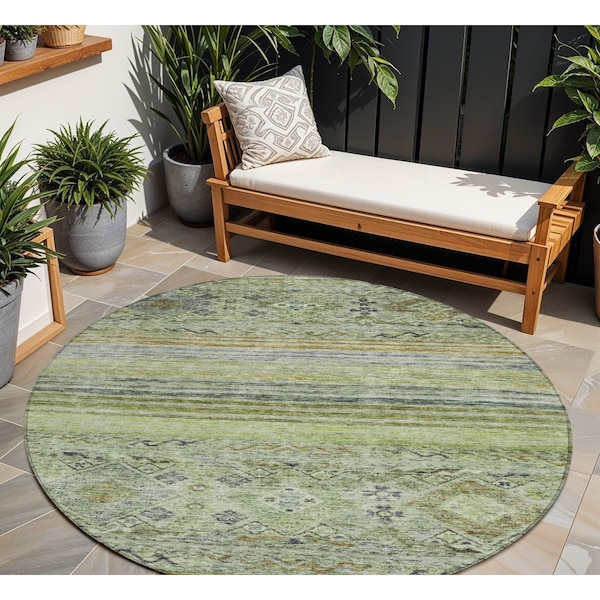 Homeroots 8' Artichoke Green Blue And Black Round Floral Washable Indoor Outdoor Area Rug 606172 - main