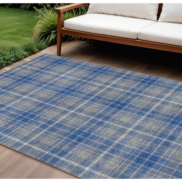 Homeroots 9' X 12' Gray Blue And Ivory Plaid Washable Indoor Outdoor Area Rug 597109 - main