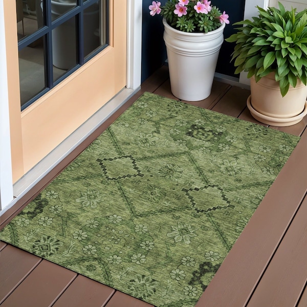Homeroots 3' X 5' Olive Green Fern Green And Artichoke Green Floral Washable Indoor Outdoor Area Rug 588900 - main