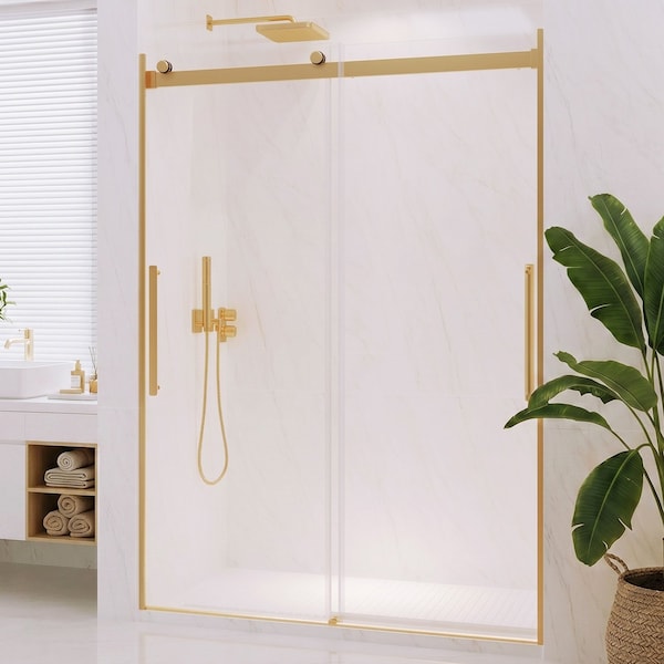 Anzzi Stellar 51 to 54 in. x 76 in. Sliding Frameless Shower Door in Brushed Gold with Tempered Glass SD-FRLS05903BG - main