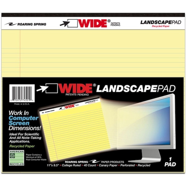 Roaring Springs Roaring Spring Landscape Format Writing Pad, 11in x 9-1/2in, Canary, 40 Sheets/Pad 74501 - main