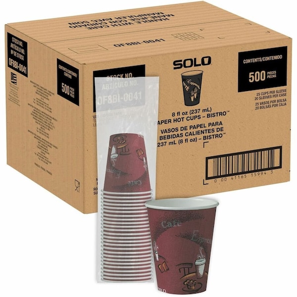Dart SOLO BISTRO DESIGN HOT DRINK CUPS, PAPER, 8OZ, MAROON, 500/CARTON, PK500 OF8BI0041 - main