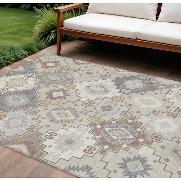 Homeroots 9' X 12' Ivory Gold And Gray Southwestern Washable Indoor Outdoor Area Rug 632273 - main