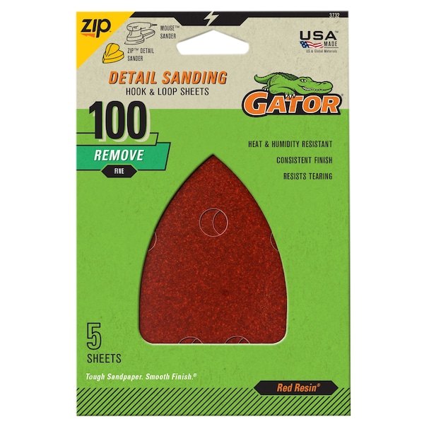 Gator Finishing Red Resin Detail Sanding Hook and Loop Sheets, 100 Grit, 5PK 3732 - main