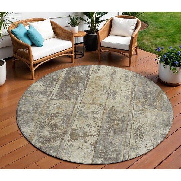 Homeroots 8' Beige Gold And Khaki Round Abstract Washable Indoor Outdoor Area Rug 618765 - main