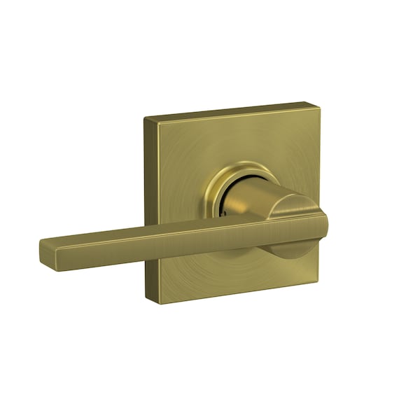 Schlage Residential Latitude Lever with Collins Rose Passage Lock with 16080 Latch and 10027 Strike Satin Brass Finish F10LAT608COL - main