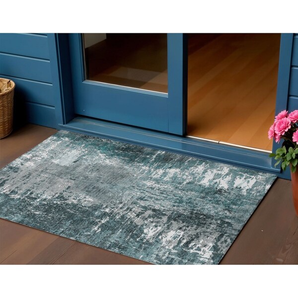 Homeroots 3' X 5' Teal Blue Gray And Charcoal Abstract Washable Indoor Outdoor Area Rug 582926 - main