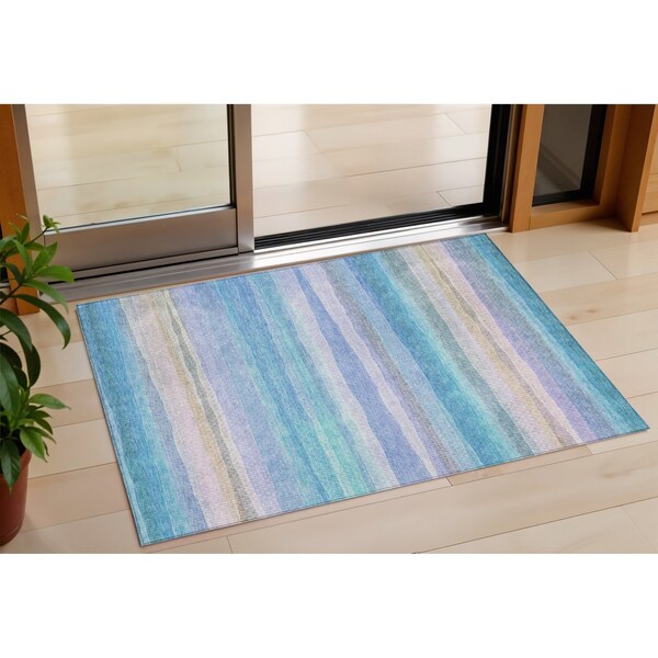 Homeroots 3' X 5' Aqua Lavender And Peach Striped Washable Indoor Outdoor Area Rug 631197 - main