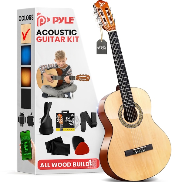 Pyle Beginner Acoustic Guitar Kit, 3/4 Junior Size All Wood Instrument with Full Accessory Kit, Picks PGACLS82 - main