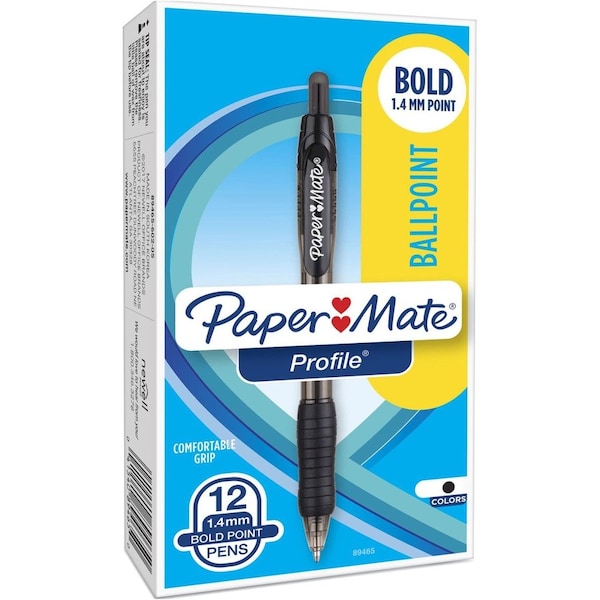 Paper Mate Profile Ballpoint Pen, Retractable, Bold 1.4mm, Black Ink/Barrel, PK12 89465 - main