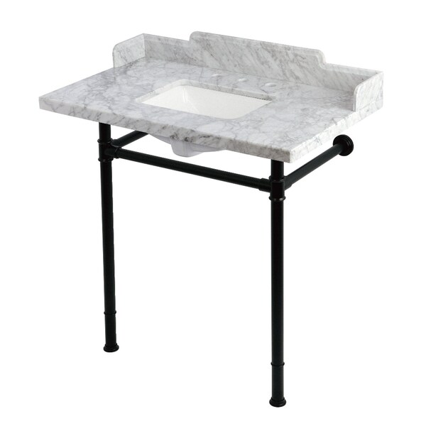 Kingston Brass 36-Inch Carrara Marble Console Sink with Stainless Steel Legs, 8-Inch, 3-Hole KMS36227M8SQ0 - main
