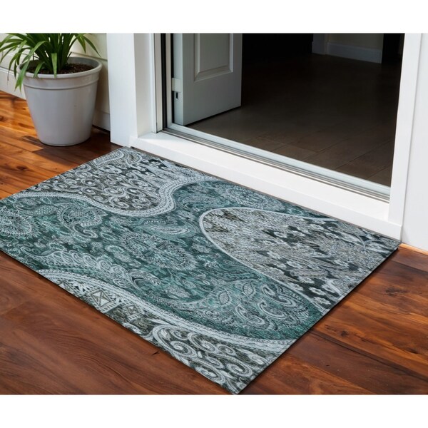 Homeroots 3' X 5' Teal Blue And Dark Green Floral Medallion Washable Indoor Outdoor Area Rug 603197 - main