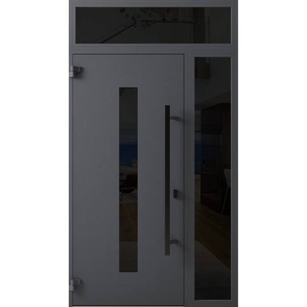 Vdomdoors Front Exterior Prehung Steel Door Ronex0130 Grey Sidelight and Transom Window Sidelite Entry Metal RONEX0130EXD-GRE-W36+16 X H80+16-RH-I - main