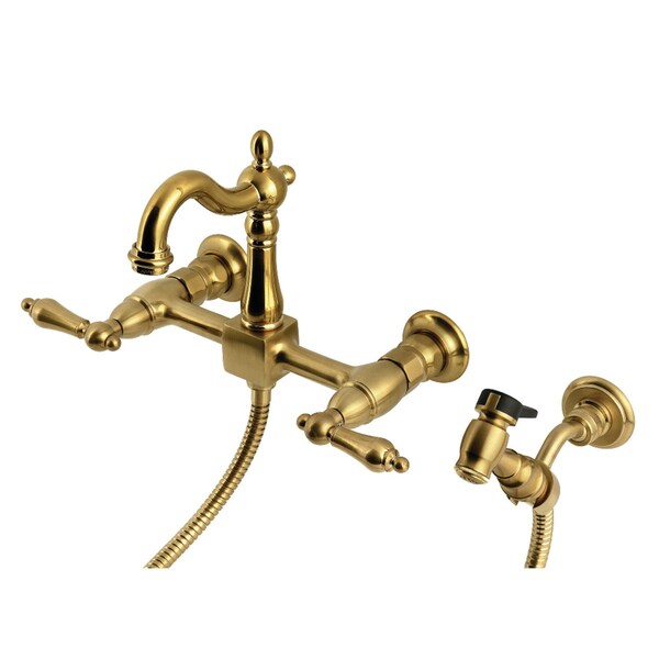 Kingston Brass Two-Handle Wall Mount Bridge Kitchen Faucet with Brass Sprayer, Brushed Brass KS2447ALBS - main