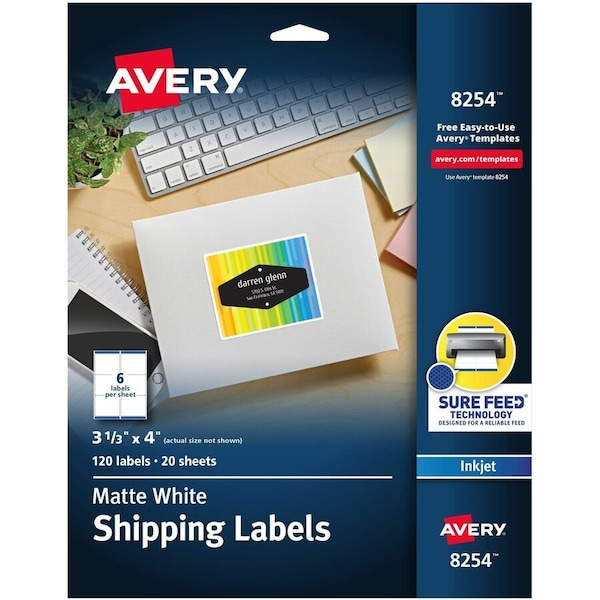 Avery Dennison Avery, VIBRANT INKJET COLOR-PRINT LABELS W/ SURE FEED, 3 1/3 X 4, MATTE WHITE, 120PK 8254 - main