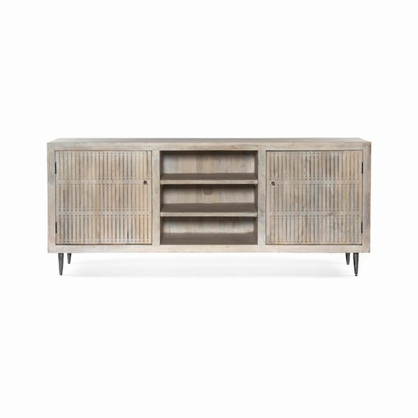 Homeroots 72in Ivory Solid Wood Cabinet Enclosed Storage Distressed TV Stand 489505 - main