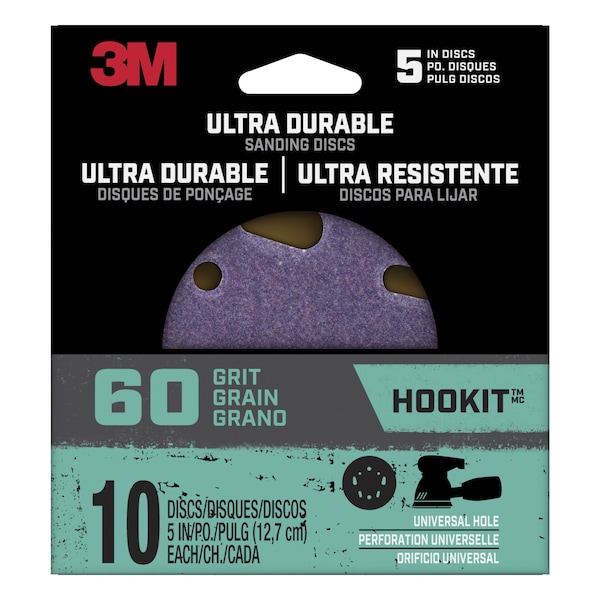 3M Ultra Durable 5 inch Power Sanding Discs, Universal Hole, 60 grit, 12PK DISC5IN10PK60 - main